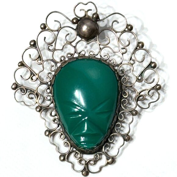 Vintage 1960s Mexico Sterling Silver Brooch Pin Green Onyx Aztec Mayan God (A3) - Picture 1 of 4
